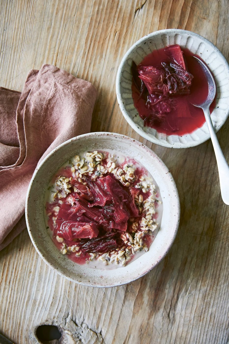 Bircher muesli with strawberry gum, rhubarb and hibiscus compote