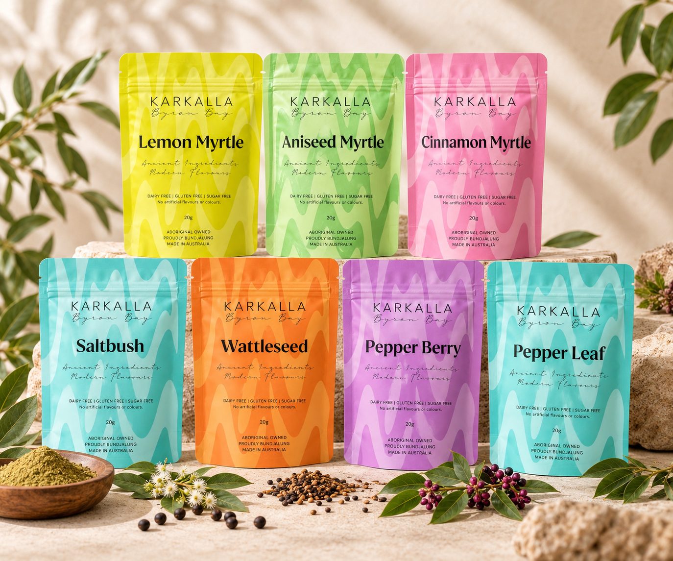 Seven Karkalla native herb and spice pouches