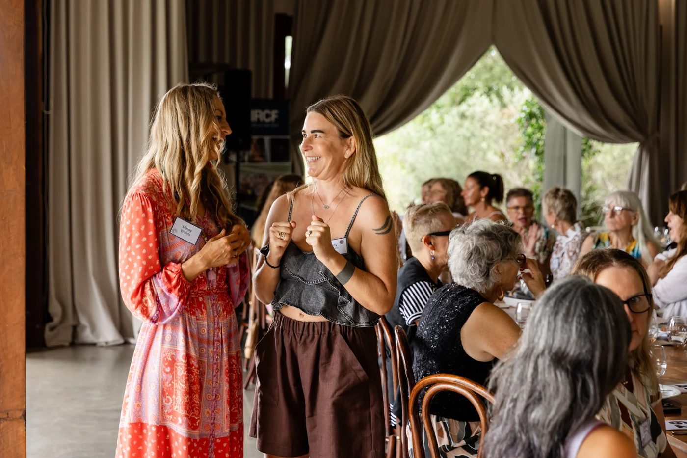 Mindy speaking to a room of guests